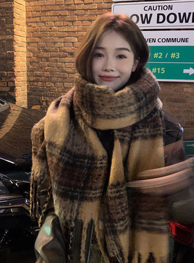 秋冬季棉麻围巾美拉德风棕色仿羊绒围巾女冬季高级感流苏马海毛