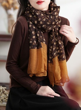 秋冬季棉麻围巾文艺简约拼接款碎花围巾女秋季新款百搭氛围感