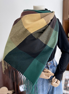 秋冬季棉麻围巾围巾女秋冬季2025新款保暖仿羊绒大格子披肩学生