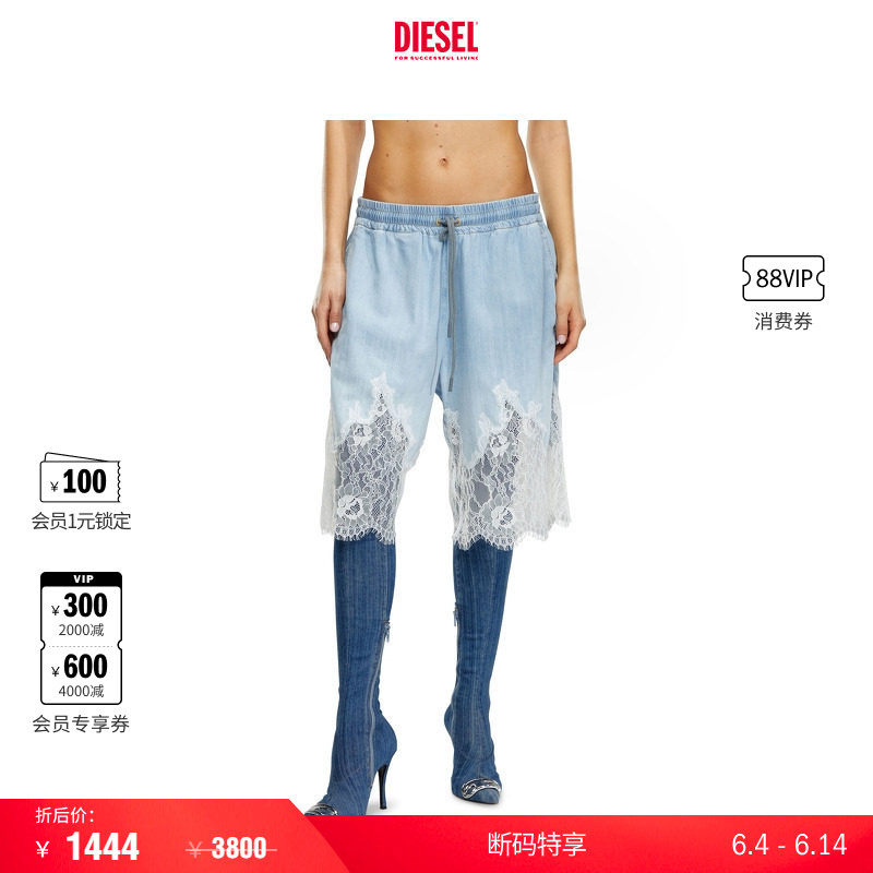 [折扣]DIESEL女士牛仔蕾丝拼接五分牛仔裤A129210JGAH
