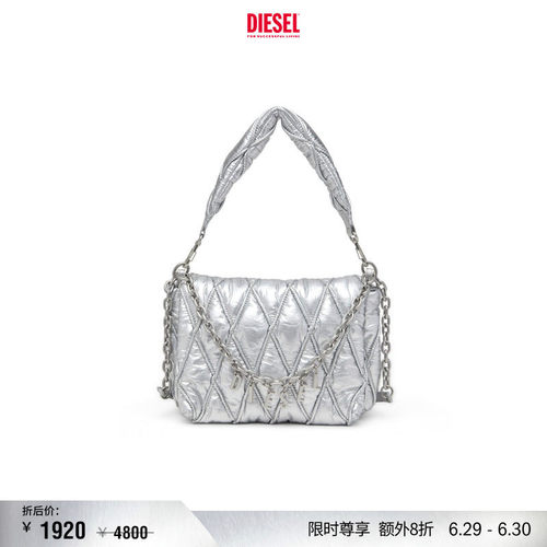 [折扣]DIESEL女士CHARM D银色菱格纹中号手提流浪包X10265P8240
