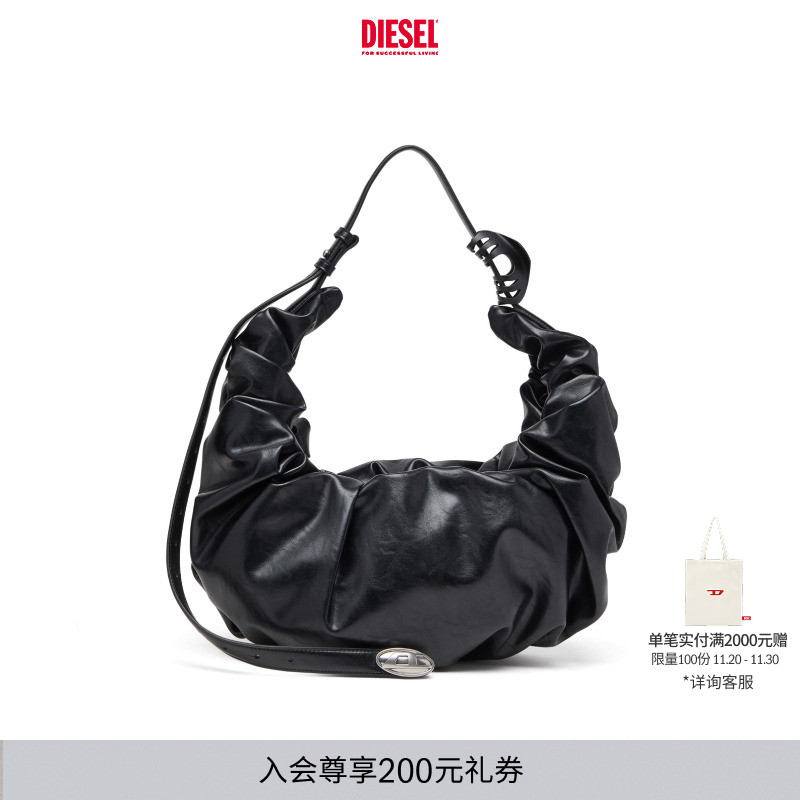 DIESEL女士25秋冬黑色大号GRAB D单肩包可颂包X10478P8657