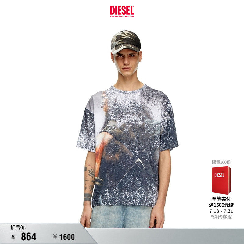 [折扣]DIESEL男女同款中性黑白斑点圆领短袖T恤A150630LIBM