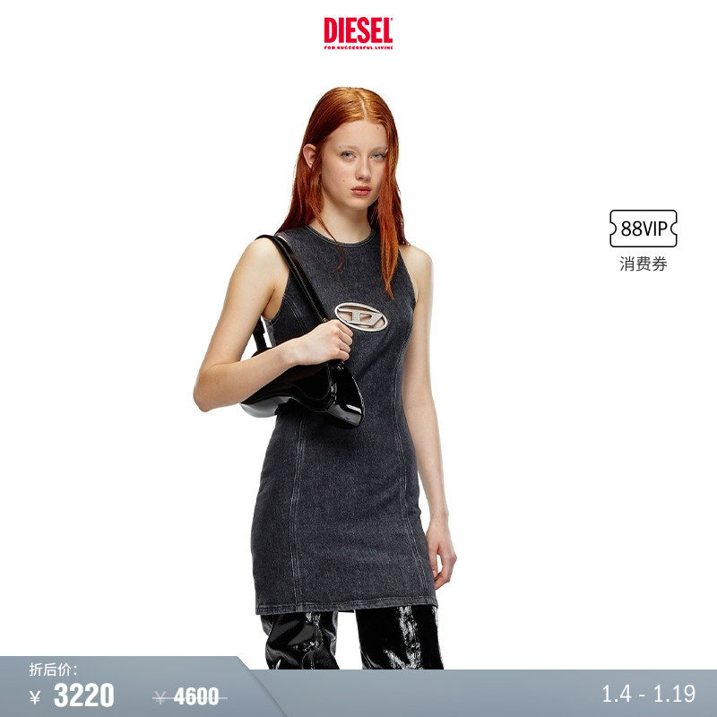 [折扣]DIESEL女士OVAL D黑色无袖修身牛仔连衣裙A120710CKAH