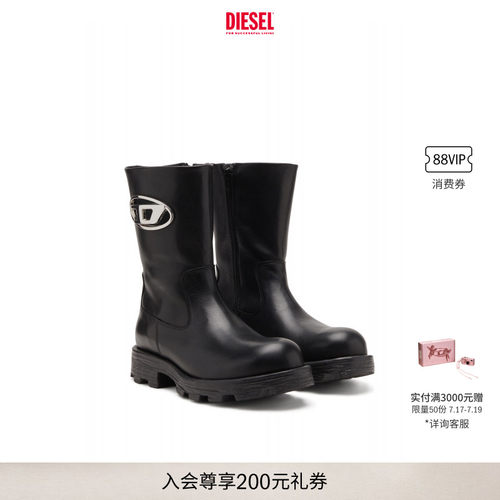 DIESEL女士25早秋中跟骑士皮靴
