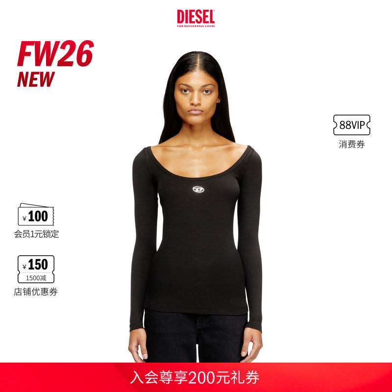 [新款]DIESEL女士26早秋黑色OVAL D大领口长袖T恤A199090JMBA