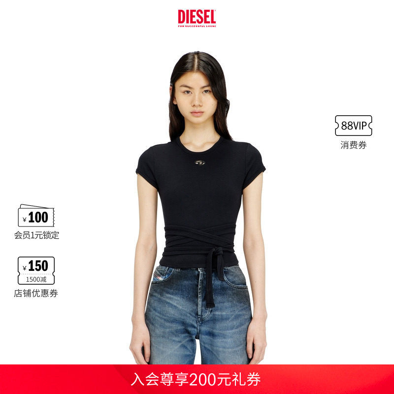 DIESEL女士OVAL D纯色简约绑带短袖T恤A211970EJAI