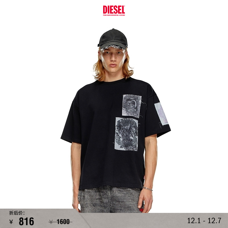 [折扣]DIESEL男女同款中性黑色补丁装饰宽松T恤A148750ALAX
