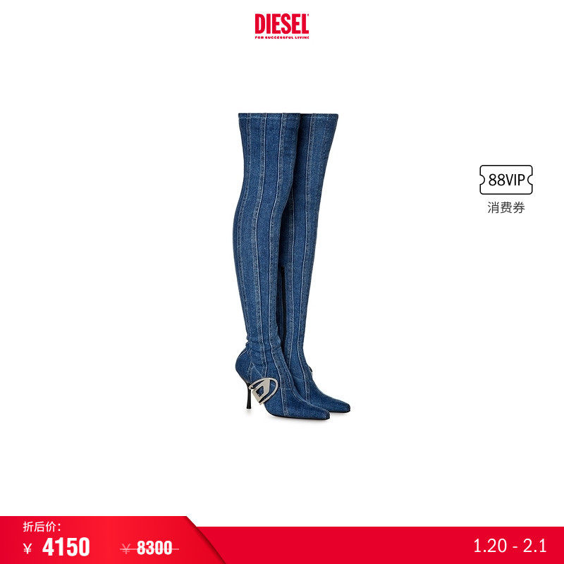 [礼物][折扣]DIESEL女士OVAL D牛仔高跟靴高筒及膝靴Y03223P0585,女鞋,弹力靴/袜靴,淘宝优惠券,粉丝福利购,淘宝优惠卷