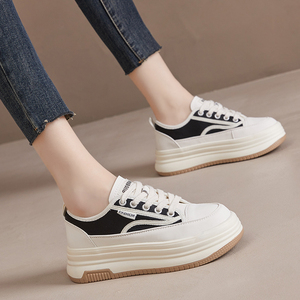 黑白皮面小白鞋女款舒适2024秋季真皮百搭厚底系带运动休闲鞋软底