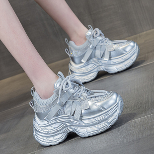 外贸银色厚底老爹鞋女款透网2025春夏真女士增高8cm休闲鞋显脚小