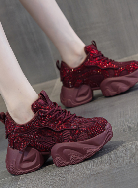 红色内增高老爹鞋女款舒适2026春爆款女士水钻保暖运动休闲鞋软底