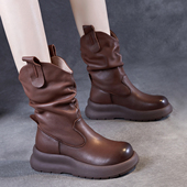 牛皮时尚 女士皮靴加绒 真皮2025秋冬季 新款 厚底中筒马丁堆堆靴女款