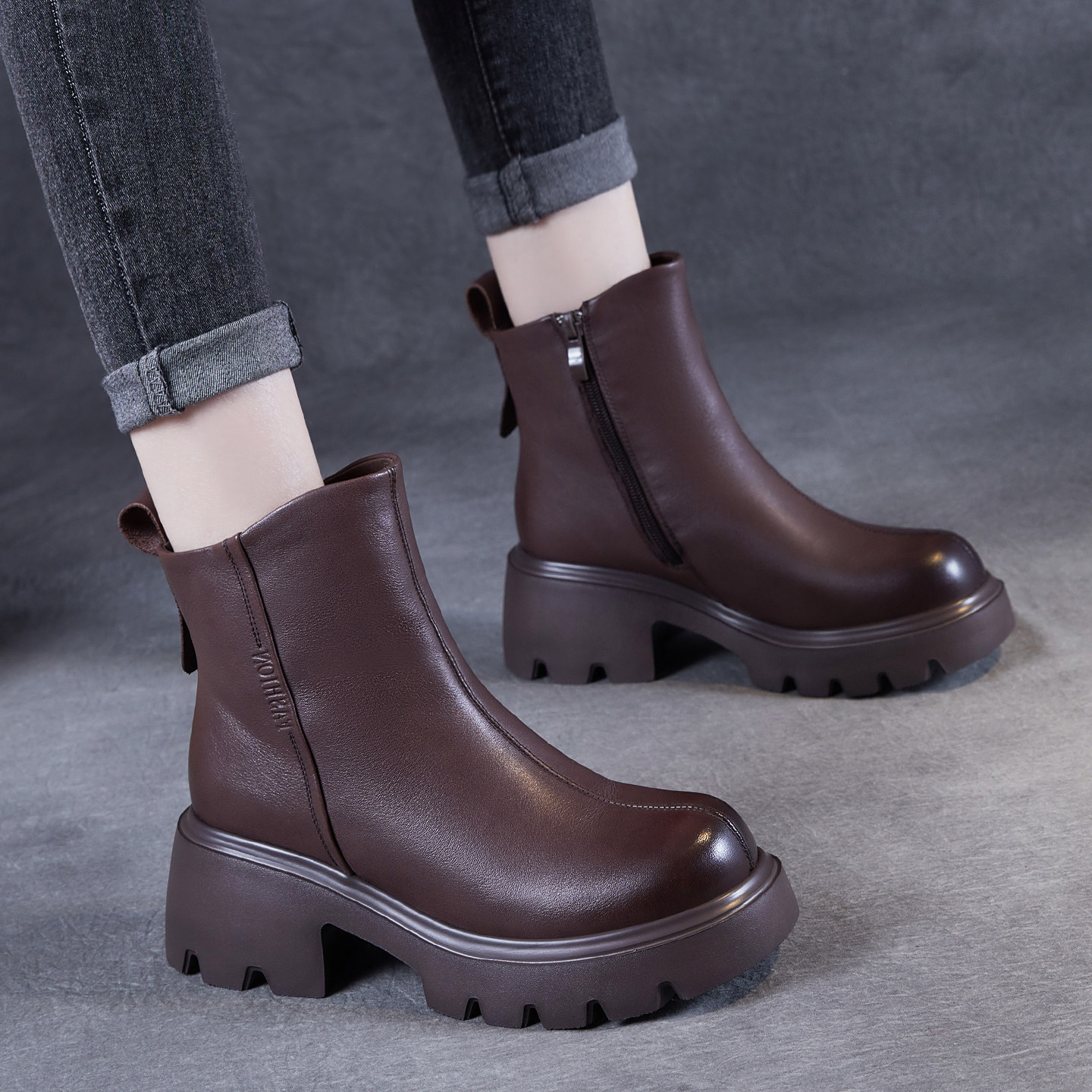 牛皮时尚新款英伦女士马丁靴女真皮2025冬季加绒休闲粗跟短靴皮靴,女鞋,马丁靴,淘宝优惠券,粉丝福利购,淘宝优惠卷