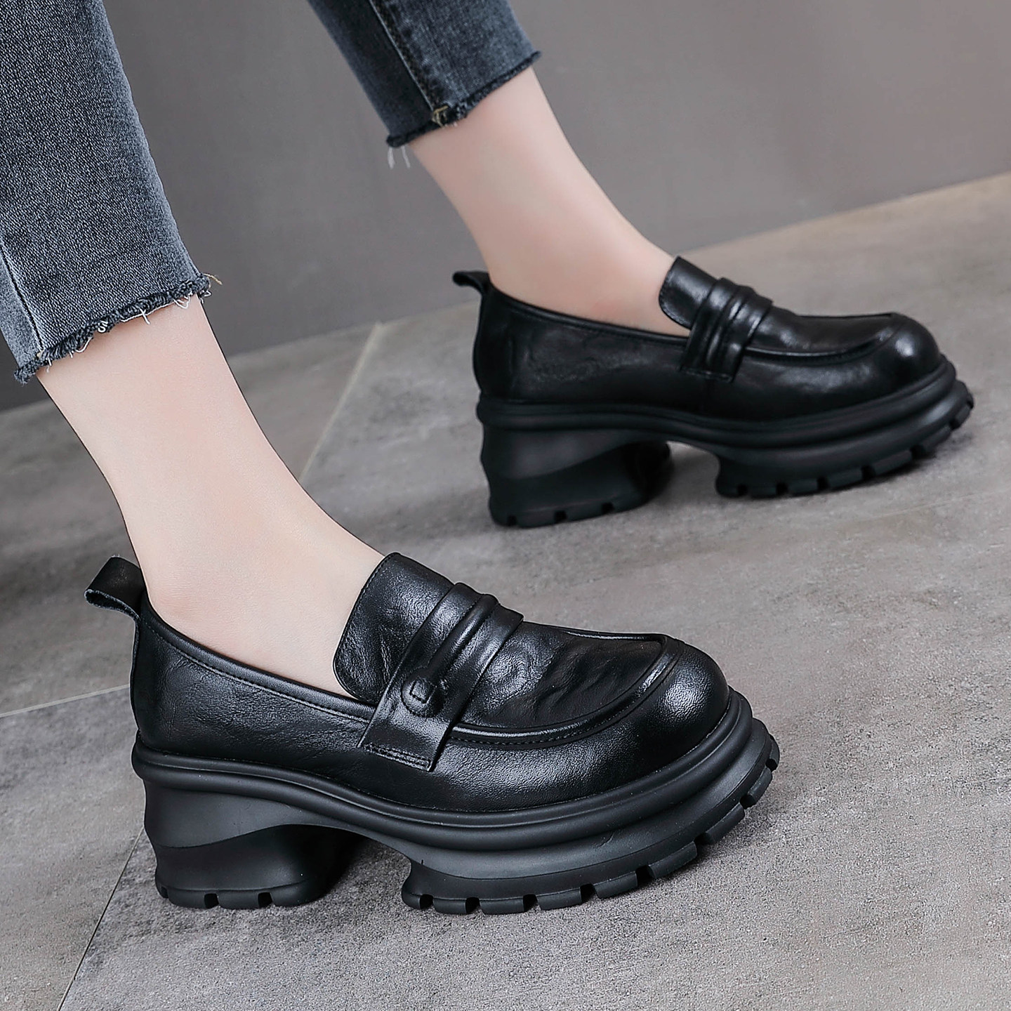 牛皮时尚新款厚底高跟乐福鞋女款真皮2026春复古女式休闲皮鞋软底