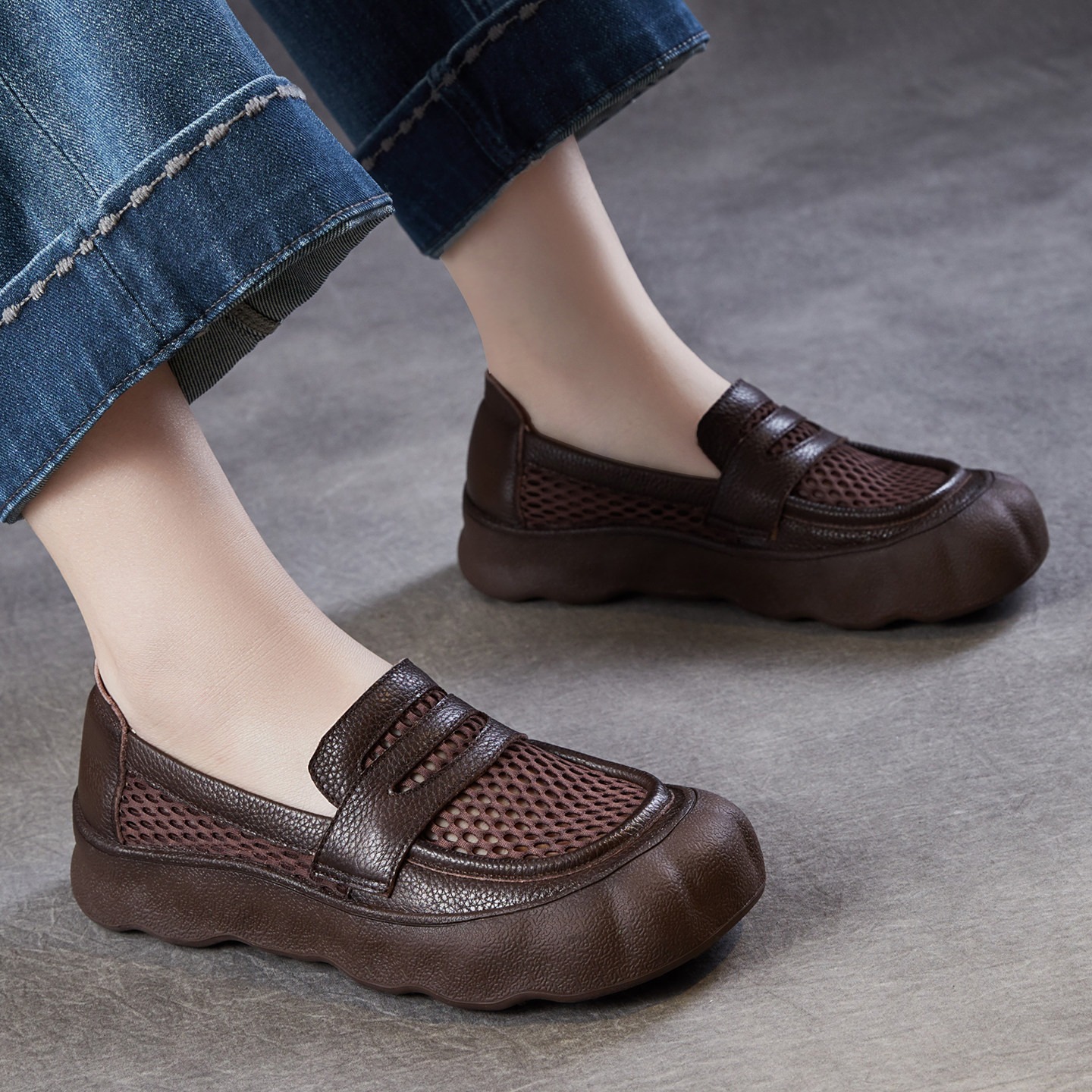 牛皮新款平底复古乐福凉鞋女款真皮2026夏时尚女士运动薄款休闲鞋