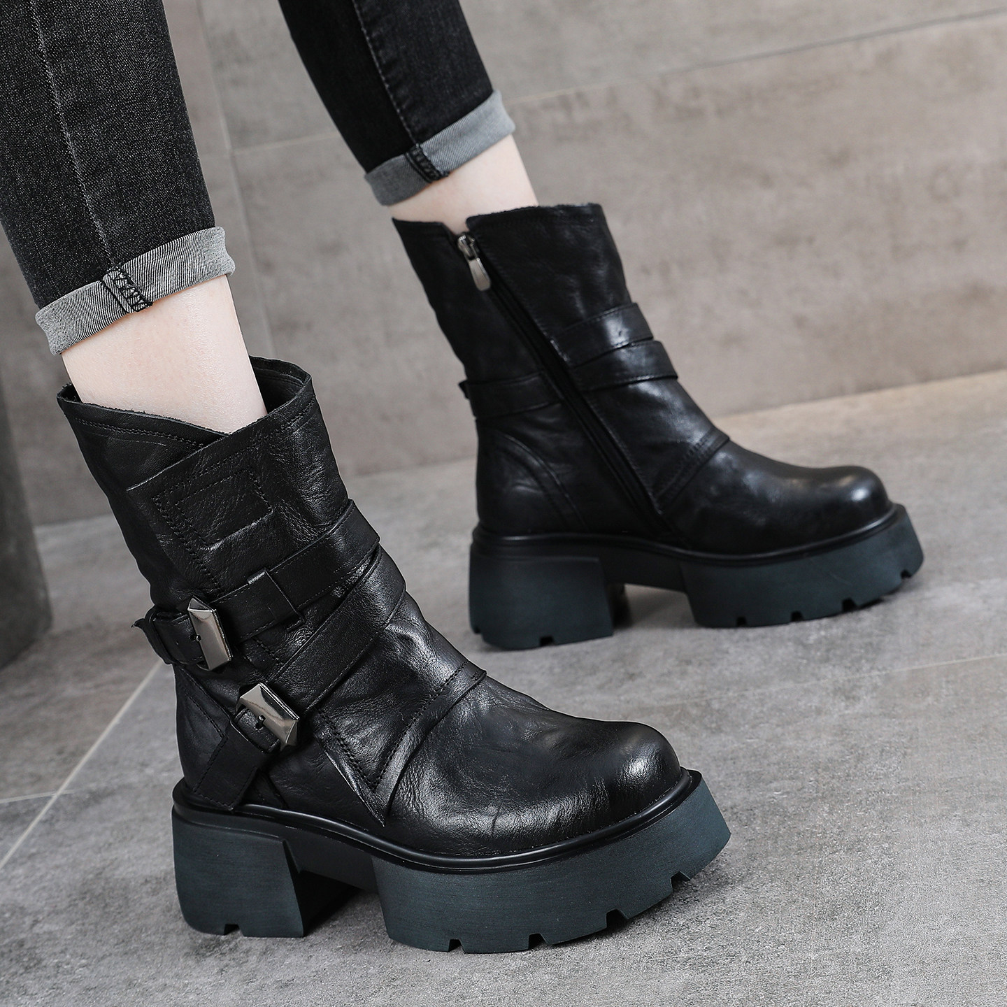 牛皮时尚新款复古高跟马丁靴女款显瘦真皮2026春女士高级休闲皮靴