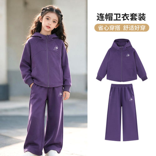 迪士尼中大童装儿童休闲套装女童连帽拉链开衫阔腿裤两件套春秋款