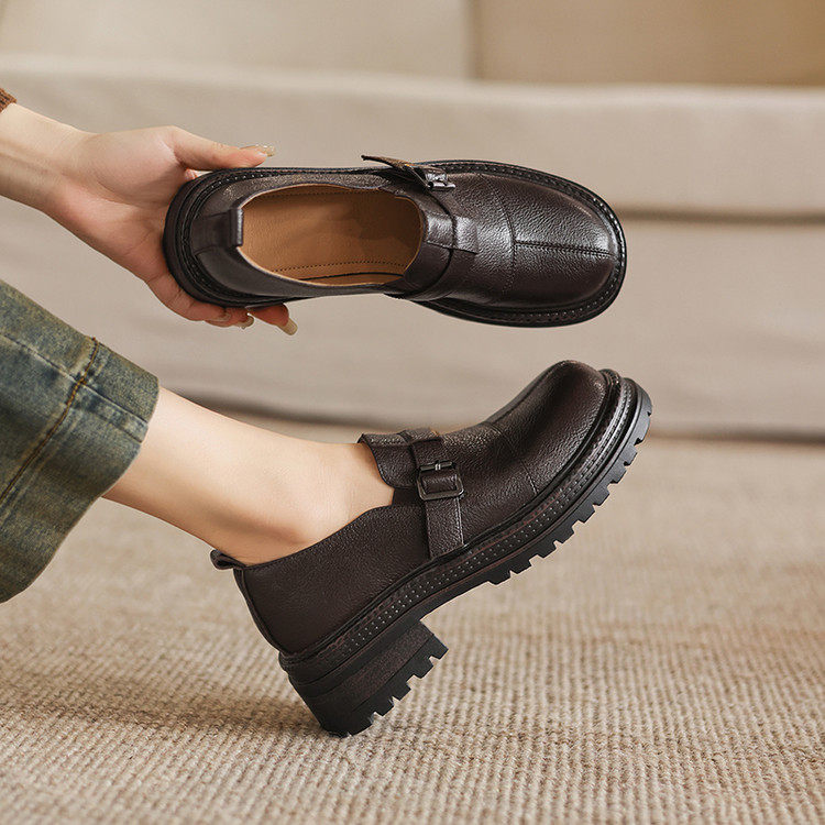 意大利设计师复古真皮圆头皮带扣乐福鞋女厚底松糕底深口单鞋通勤