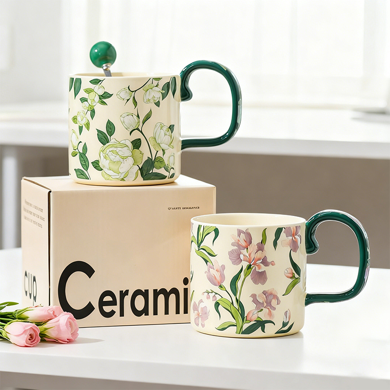 网红复古轻奢杯鸢尾花水杯山茶花大容量陶瓷杯陶瓷马克杯礼盒情侣