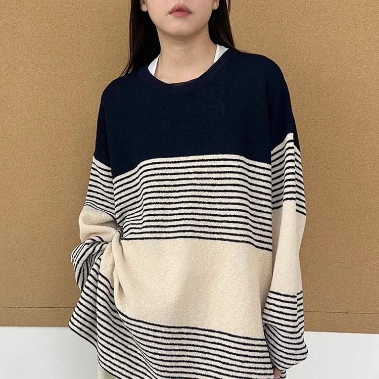 MQ｜MACQNF89311小个子慵懒风宽松复古韩版撞色条纹圆领针织衫女