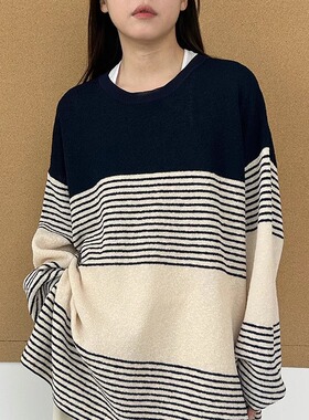 MQ｜MACQNF89311小个子慵懒风宽松复古韩版撞色条纹圆领针织衫女