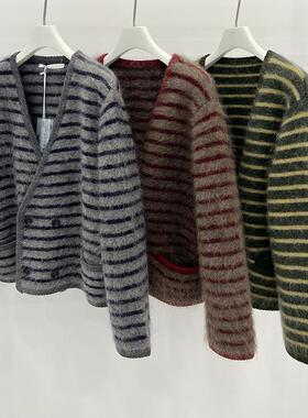 MQ｜MACQNF89238高端大气撞色条纹马海绒小香风开衫外套女