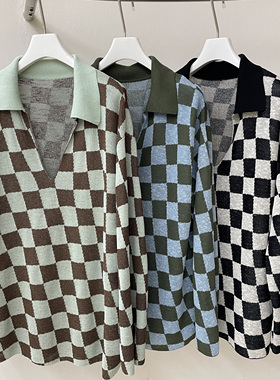 MQ｜MACQNF89619美式复古撞色棋盘格翻领针织衫女宽松V领长袖毛衣