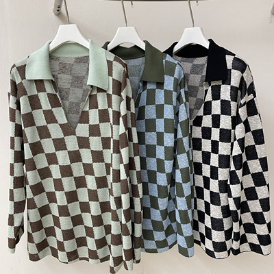 MQ｜MACQNF89619美式复古撞色棋盘格翻领针织衫女宽松V领长袖毛衣