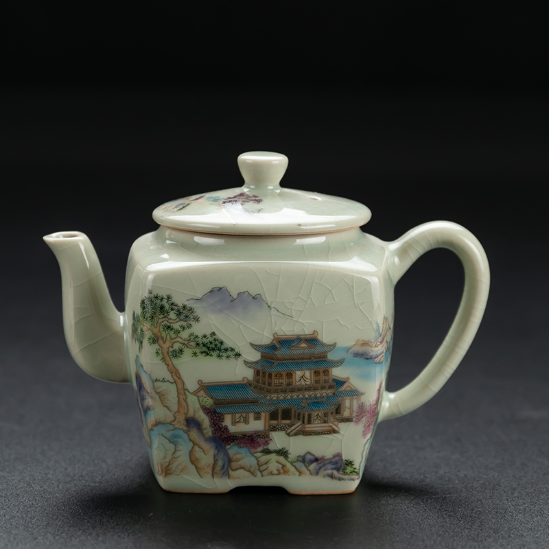 老陶泥锦绣山河功夫茶壶四方泡茶壶描金半手工单壶陶瓷茶具三才碗