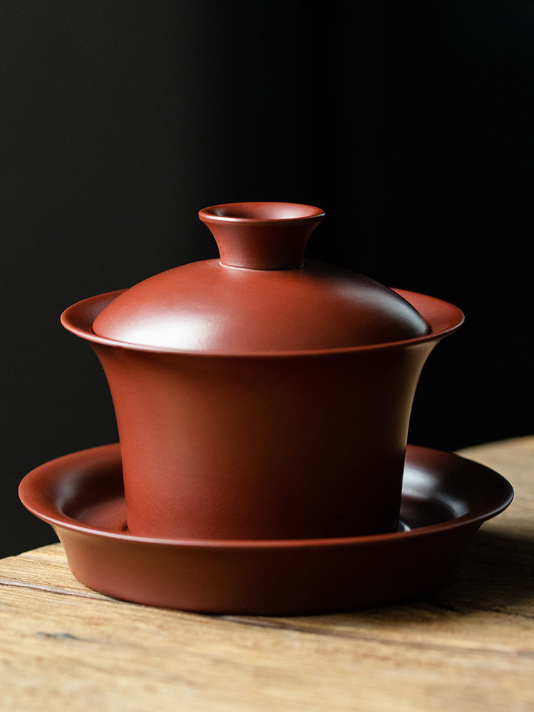 朱泥紫砂盖碗原矿泥三才杯功夫茶具陶瓷大茶碗大号泡茶杯中式纯色