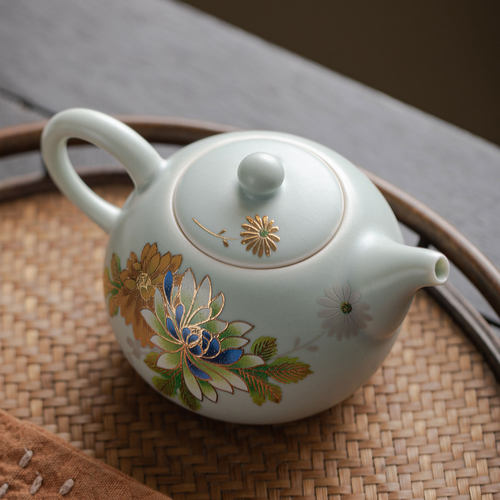 清雅汝窑茶壶珐琅彩牡丹