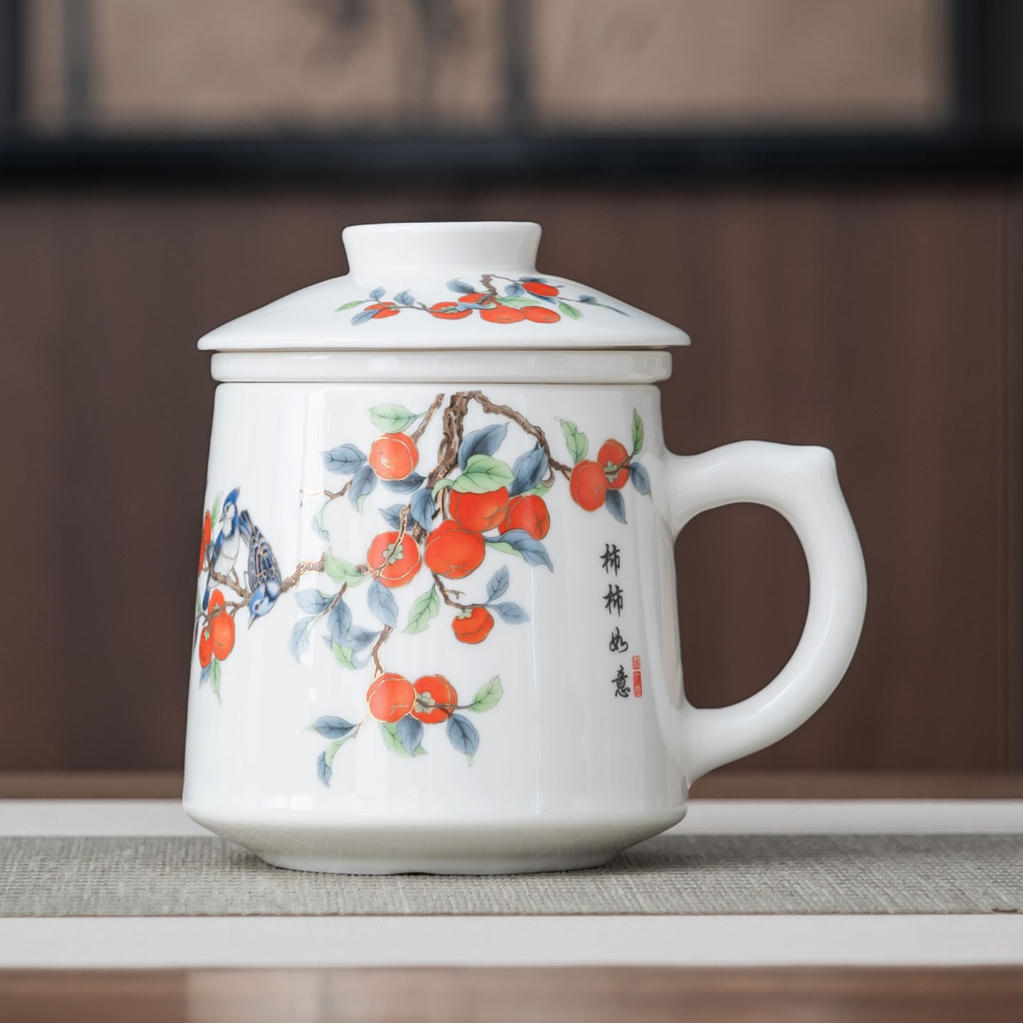 德化白瓷办公杯中式羊脂玉瓷个人杯大容量带过滤茶水杯陶瓷带盖杯