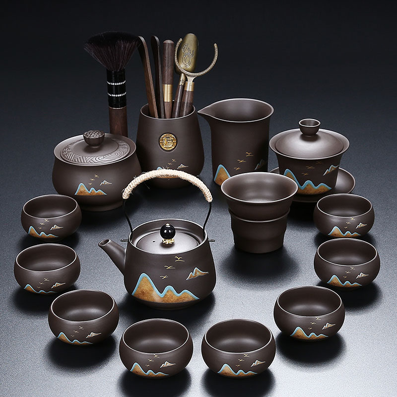 紫砂远山功夫茶具手工彩提梁壶茶杯整套泡茶器三才盖碗冲茶器家用