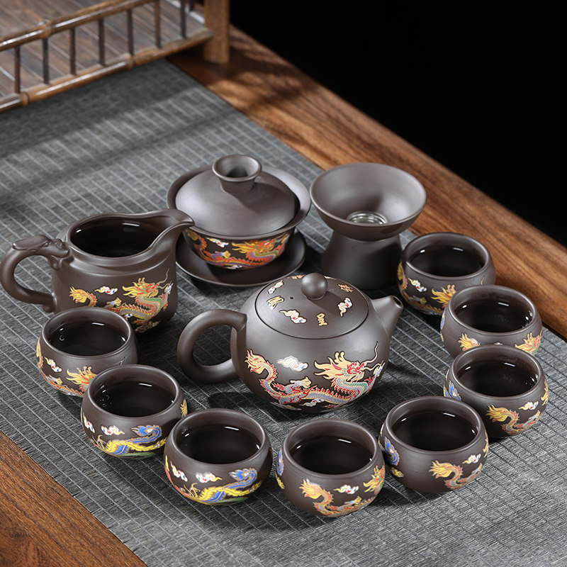 紫砂功夫茶具变色龙凤呈祥整套泡茶器家用原矿泥盖碗茶壶茶杯套装