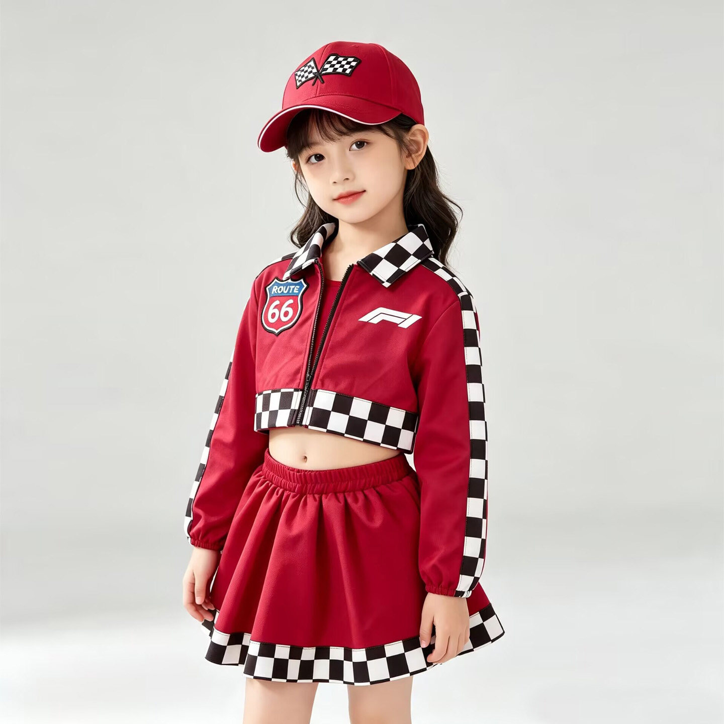 儿童赛车服女F1上衣裙子女童卡丁车红色拉链外套格子演出服套装