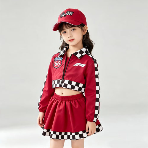 女童F1卡丁车红色格子演出套装