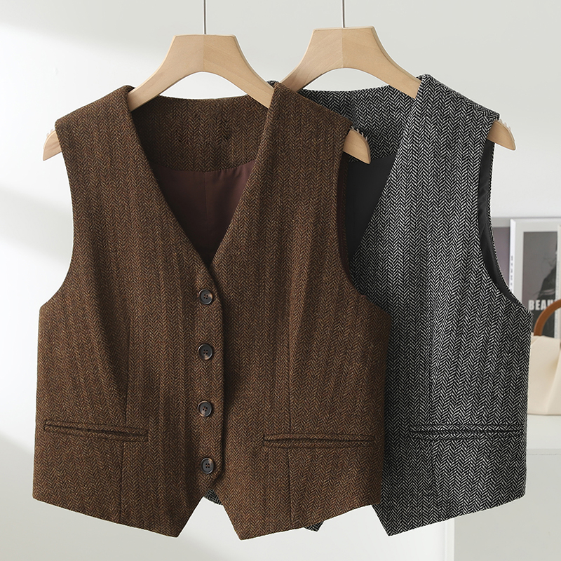 叠穿英式老钱风毛呢马甲无袖马夹