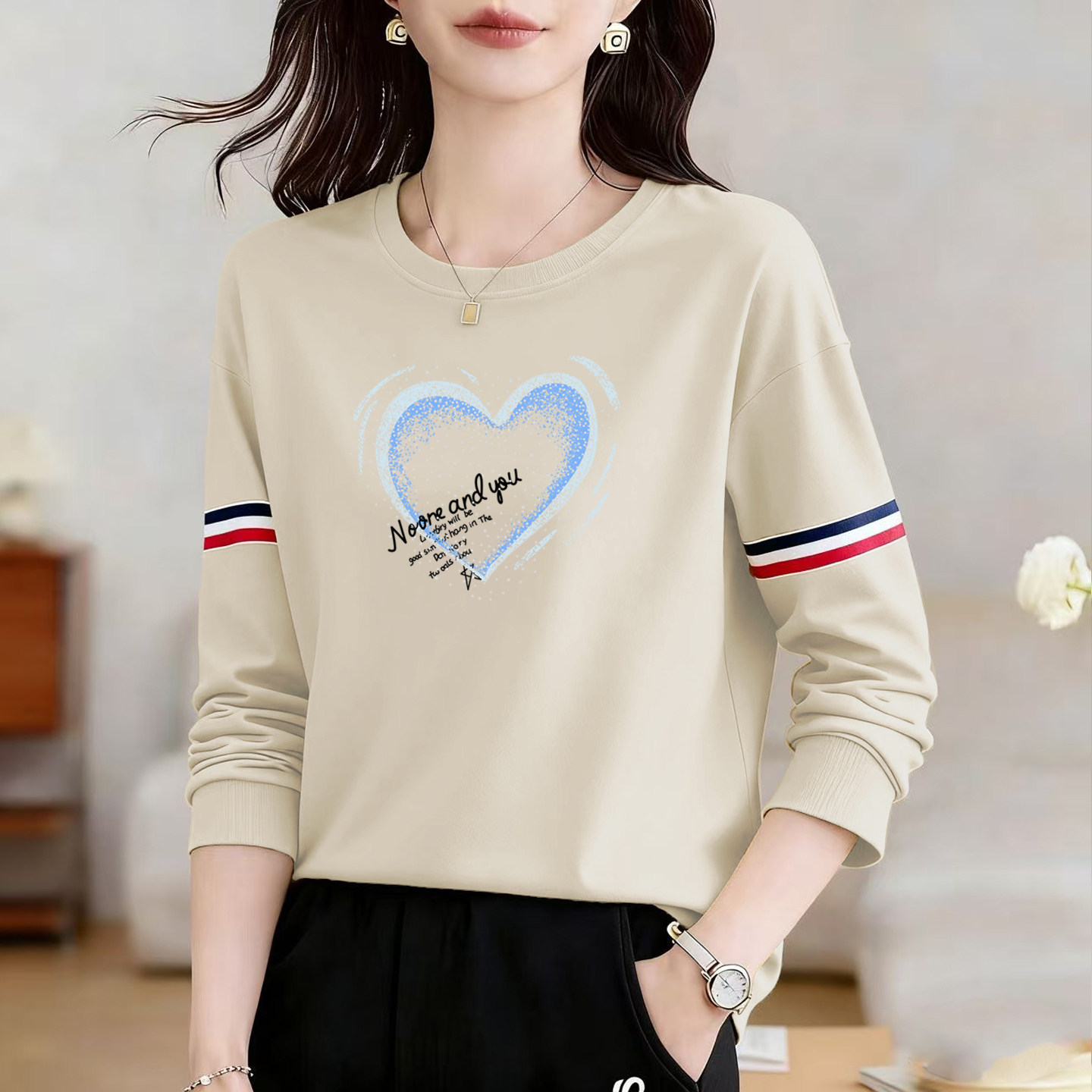 外贸原单女装纯棉长袖T恤女休闲印花内搭打底衫宽松显瘦圆领上衣,女装/女士精品,大码内搭,淘宝优惠券,粉丝福利购,淘宝优惠卷