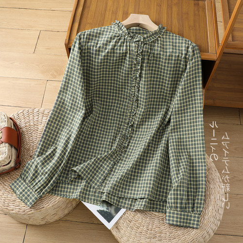 日系绿色格子衬衫女秋季2024新款百搭休闲木耳边纯棉衬衣