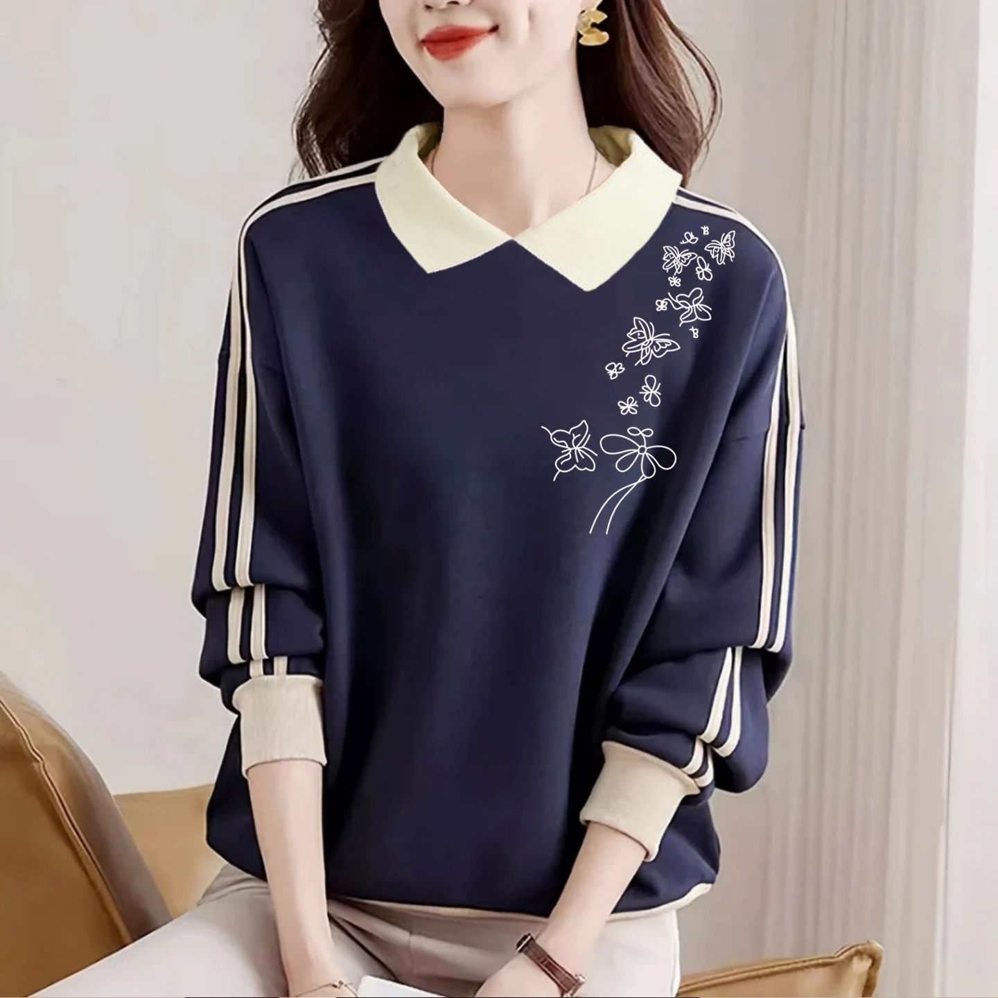 polo领长袖卫衣女打底衫纯棉上衣