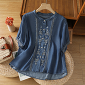衬衣复古小众薄款 外贸出口原单天丝软牛仔衬衫 女垂感短袖 刺绣上衣