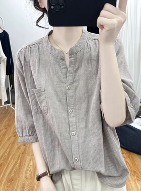 外贸出口女装棉麻五分袖格子衬衫女夏新款文艺气质千鸟格亚麻上衣
