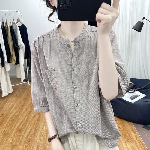 棉麻五分袖格子衬衫女夏亚麻上衣