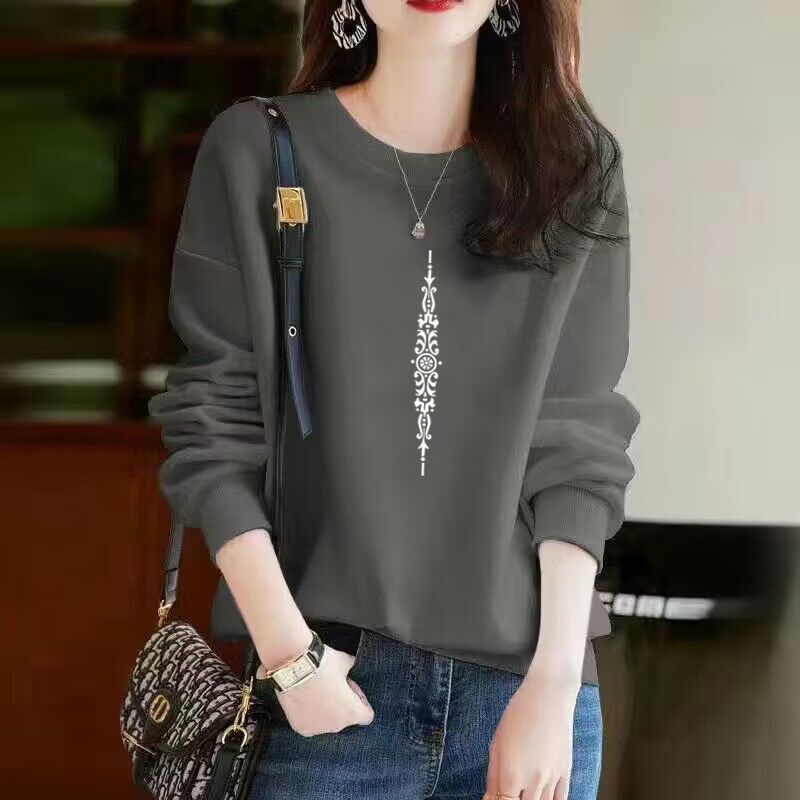 洋气宽松圆领纯棉长袖印花卫衣女
