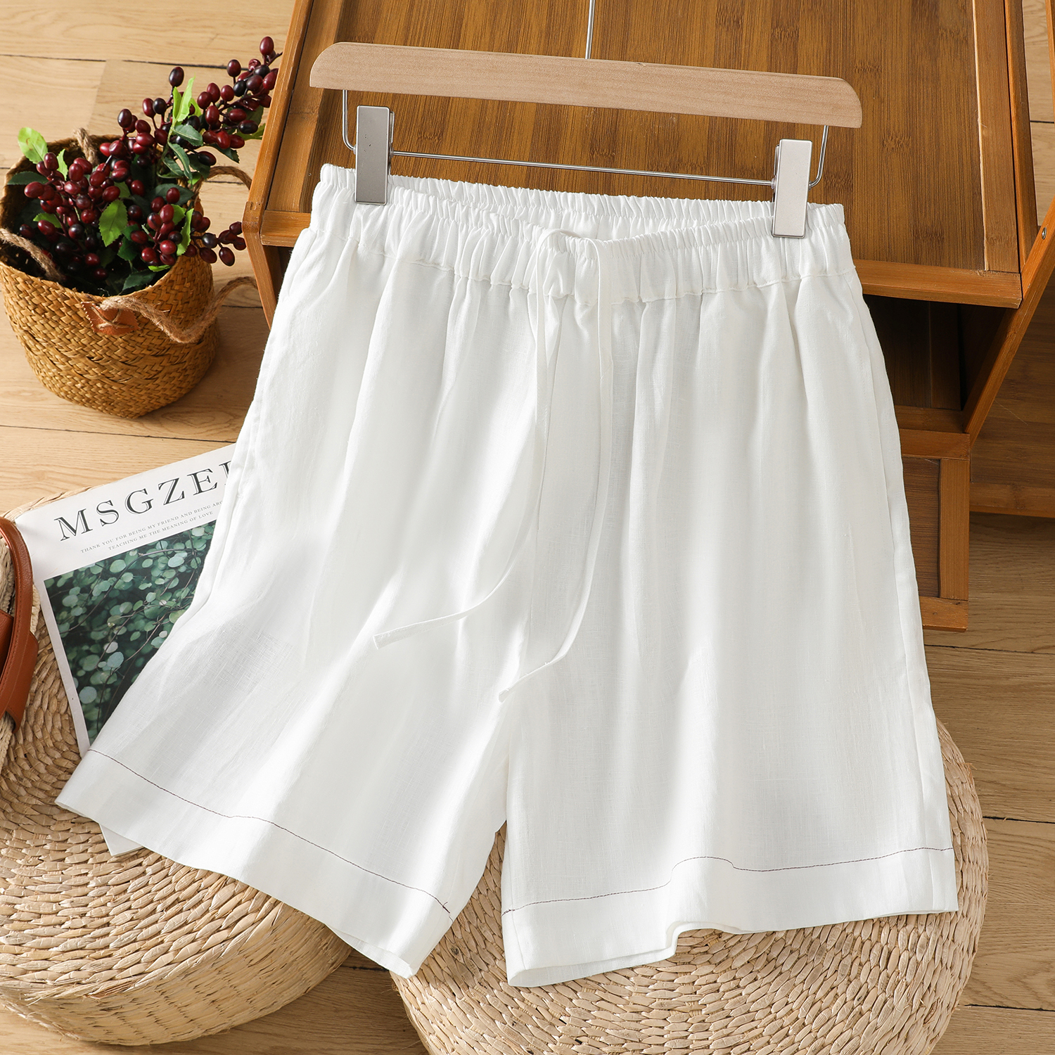 棉麻五分裤短裤女休闲裤亚麻中裤