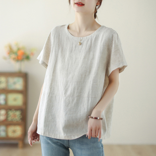 女文艺大码 外贸品牌清仓折扣夏季 T恤衫 棉麻短袖 宽松休闲上衣 新款