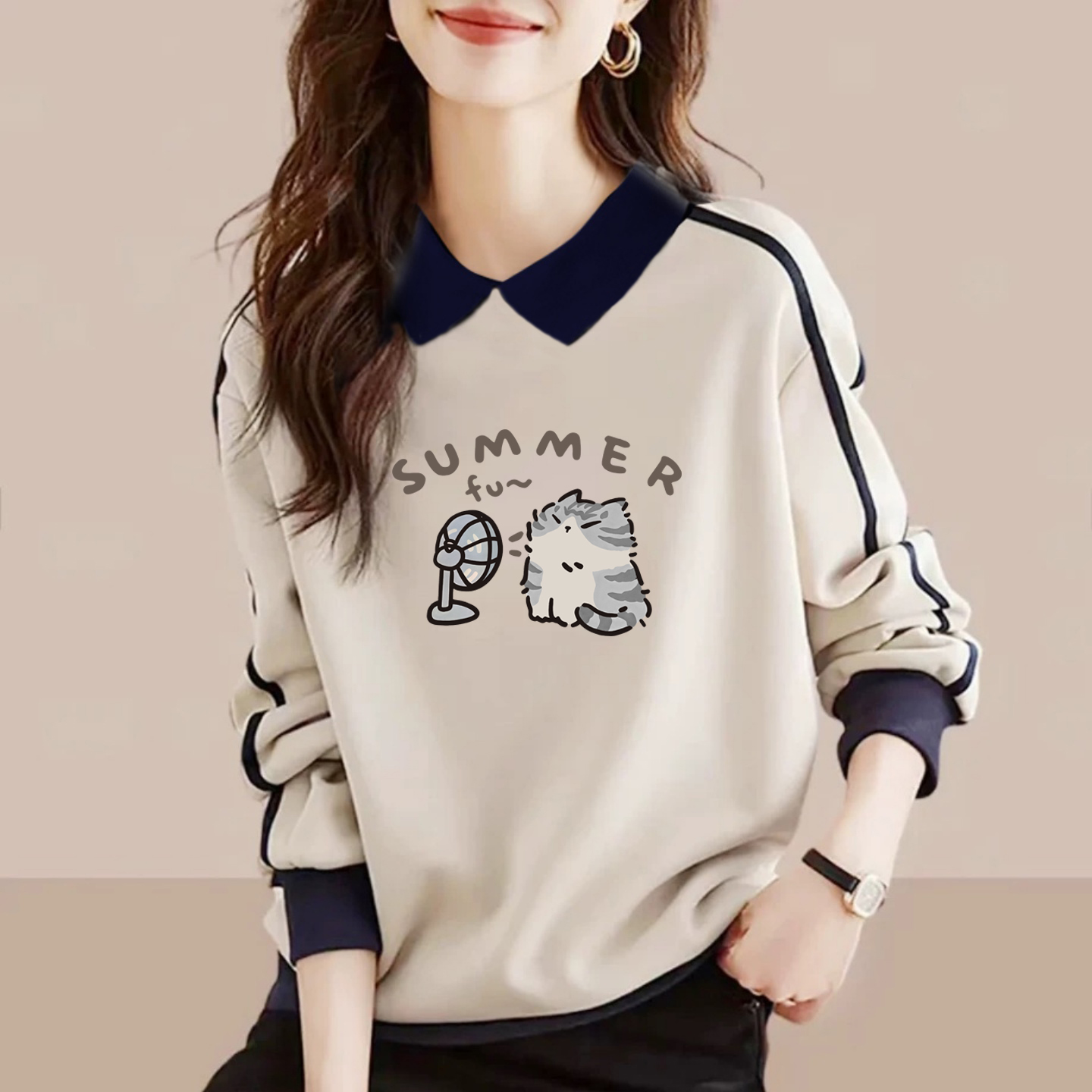 休闲翻领纯棉卫衣长袖打底衫上衣