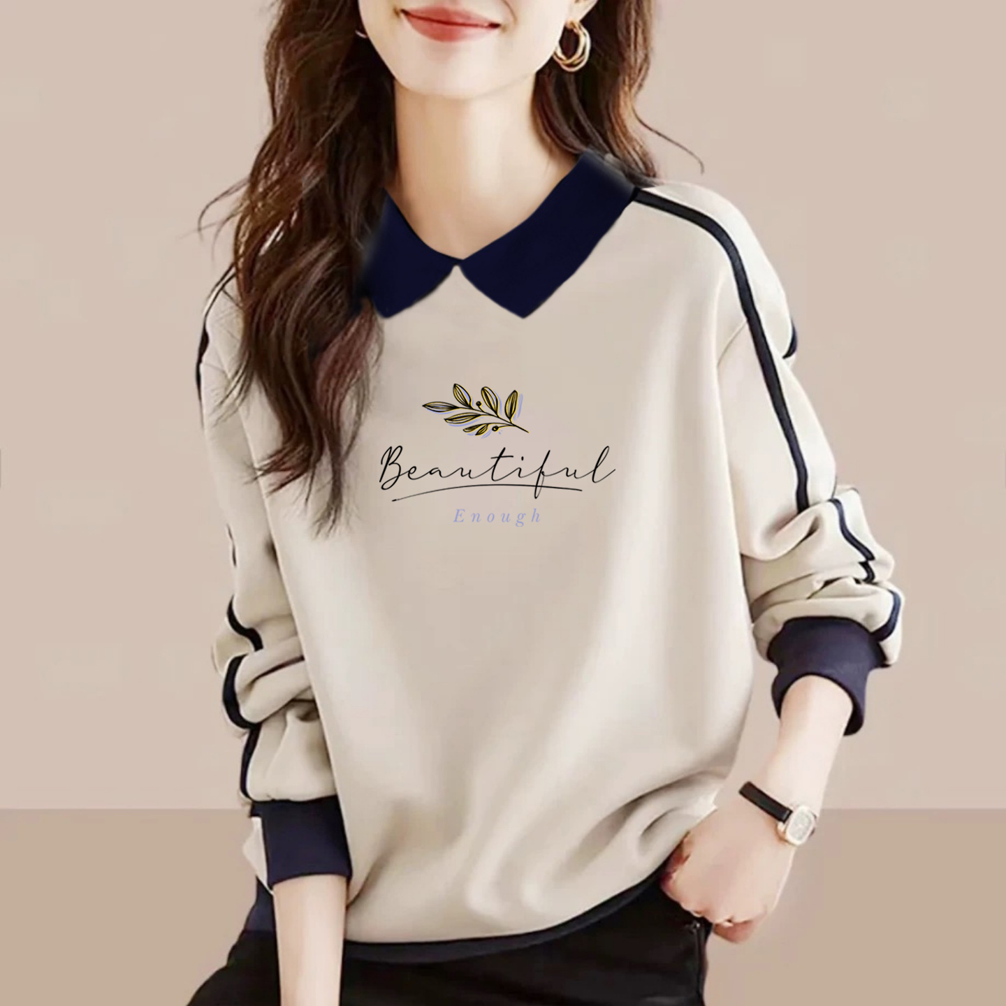 POLO领撞色长袖卫衣女纯棉打底衫