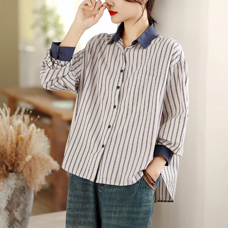 2026新款文艺风条纹翻领衬衫女复古撞色长袖衬衣宽松春季开衫上衣